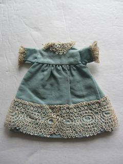   Antique TINY Bisque China Blue Wool Challis DOLL DRESS Gown Ecru LACE