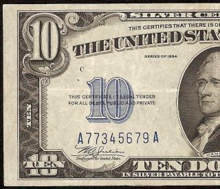 1934 $10 DOLLAR BILL MULE SILVER CERTIFICATE BLUE SEAL NOTE PAPER 