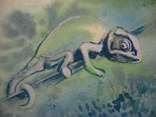 Original Painting Chameleon 2.5 x 3.5 watercolor and acrylic. USA 