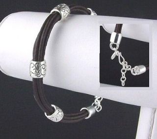 Genuine Brown Leather Equestrian Bracelet W/ Sterling Bead Accents