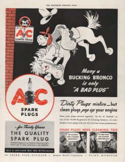 1939 VINTAGE AC SPARK PLUGS BUCKING BRONCO IS ONLY A BAD PLUG PRINT AD