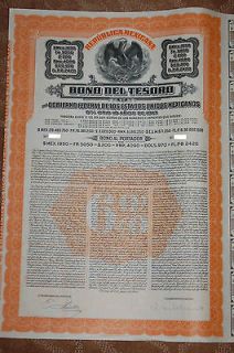 Mexico Republica Mexicana   Bono Del Tesoro 1913 Gold Bond $970 / £ 