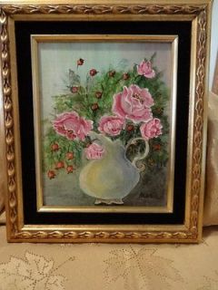 Vintage Pink Roses in White Pitcher Oil Canvas w/Black Velvet & Gold 