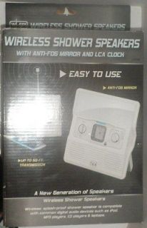   Wireless Shower Speakers W Anti Fog Mirror & LCA Clock FM Transmitter