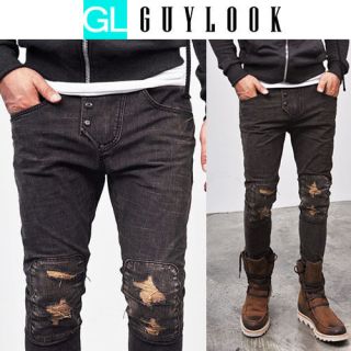   Vintage Distressed Checkered Patchwork Mens Skinny Jeans By Guylook