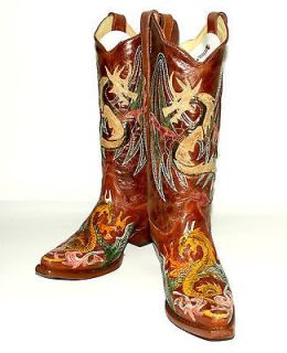 Corral Ladies A6705 Cognac Fashion Western Boot with Dragon Overlay 
