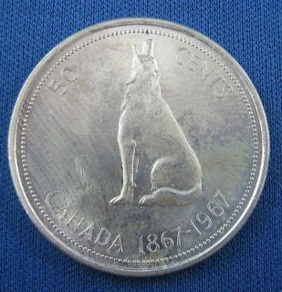 1967 Canada Centennial 50 Cents Silver Queen Elizabeth II Wolf Coin
