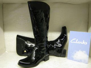 Clarks Knight Hood Black Patent Leather Smart Knee High Zip Up Boots