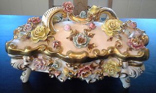 HUGE Benrose Italian Porcelain Capodimonte Footed Dresser Box, Regency 
