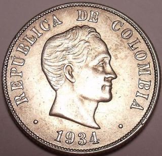 HUGE INCREDIBLE COLOMBIA 1934 SILVER 50 CENTAVOS~LAST YEAR EVER~FREE 