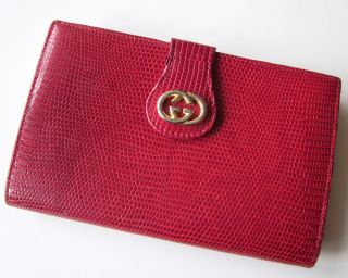   GG Gold Tone Red Lizard Leather Kiss Lock Coin Purse Card Wallet