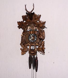   FOREST HUNTERS ANIMATED DANCERS MUSICAL CARVED WOOD CUCKOO CLOCK NoRes
