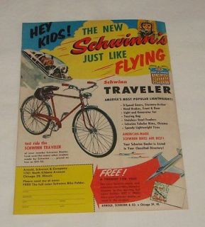 1957 Schwinn TRAVELER bicycle ad ~ Just Like Flying