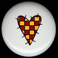 YELLOW and RED CHECKED Primitive HEART ~ Ceramic Drawer Knobs Pulls