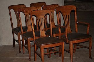   Set of 6 Solid Tiger Oak T Back Queen Anne Dining Room Chairs Great
