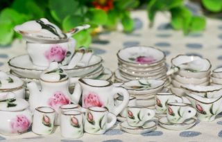 12 Dollhouse Miniature Cookware Porcelain China Tea Set Dish Plate 