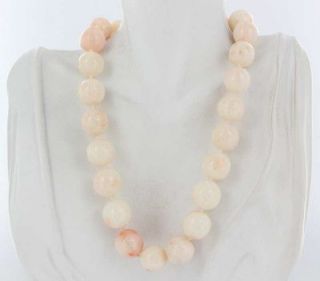 Vintage 14K Gold Coral Necklace With Carved Coral Clasp 14mm Beads 16 