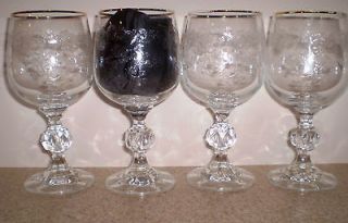 Bohemia Crystal Etched Wine/Water Glasses Queens Lace Gold trim 