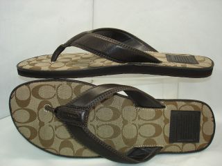 New COACH Men Flip Flops Sandals Thongs Q909 Brown KHAKI SIGNATURE 