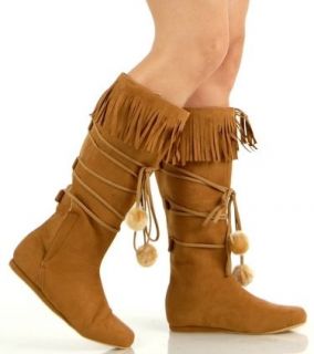 Tan Fringe Pocahontas Indian Flat Costume Boots