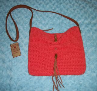 Lucky Brand Coral OJAI Crochet Hippie Crossbody Tote Purse Leather 