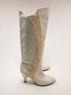1980s BOOTALINOS Ivory Leather Heeled Knee hi Fashion Boots US 6.5 M