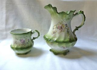 ANTIQUE PITCHER & CUP SET W. H. Grindley & Co. England green w/flowers