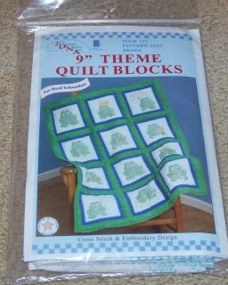 Stamped cross stitch/embroid​ery 9 Quilt Blocks FROGS