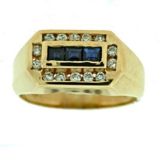Handsome Mens Sapphire and Diamond Yellow Gold Ring