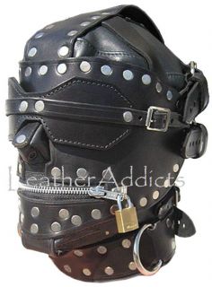 Full Leather Cruel Bondage Hood / Gimp Mask with Blindfold & Locking 