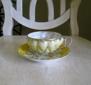   Sealy China Japan Footed Cup & Saucer Set Yellow/White Iridescent