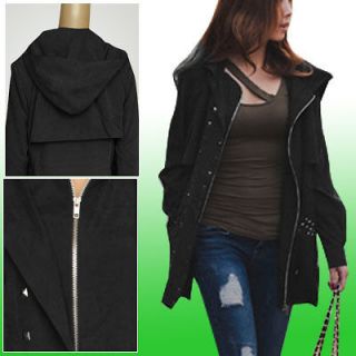 Woman Stud Detail Black Long Sleeve Drawstring Waist Trench Coat S