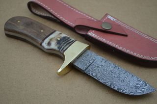  Unique Custom Handmade Damascus Steel RAM HORN Hunting Bowie Knife C24