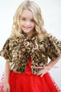 Leopard Kids Girl Soft Fur with Pearl Bead Capelet Coat Size 2 6Year 