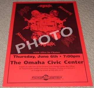 SLAYER, ANTHRAX, MEGADETH, ALICE IN CHAINS Poster Flyer 1991 Omaha