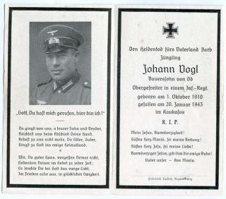WWII German Infantry Soldiers 1943 Death Card Kaukasus