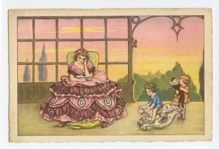   Lady read Book child Pierrot Doll Art Deco original 1920s postcard