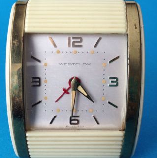   Travel Alarm Clock Cream Bakelite Case Roll Top Wind Up Deco Glow