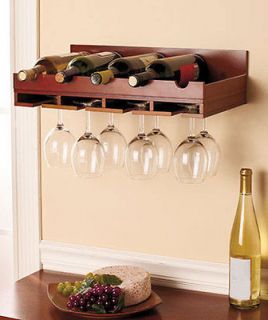 Wall hanging space saving Walnut finish wood wine bottle glass rack 
