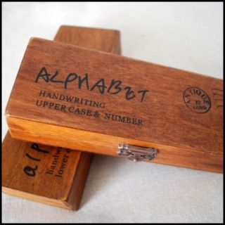 42 Antique Style Wood Rubber Stamps Box Set   Handwriting Alphabet 