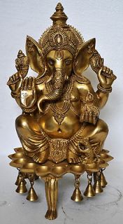 Lord Ganesh Statue sitting on Deepak (oil lamp ) base with bells Rare 