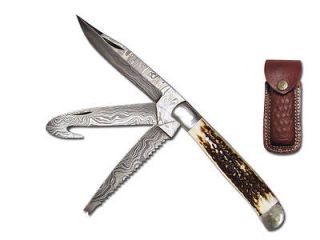 Real Deer Stag Handle 3 Blades Damascus Steel Folding Knife 2854DB