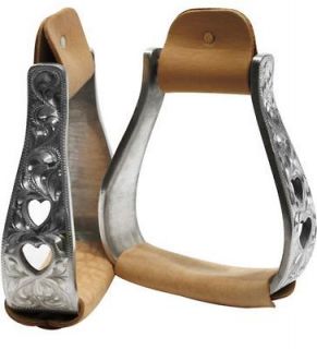   ™ ﻿Aluminum Polished Engraved Stirrups with cut out Heart Design