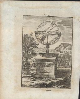 Armillary sphere pastoral scene beautiful 1719 Mallet antique engraved 
