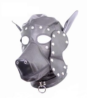   Leather Dog Gimp Hood Mask with Blindfold Zipped Muzzle and Lockable