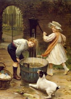   Victorian c19th Farm Boy Washtub Water Pump Jack Russell Terrier Dog