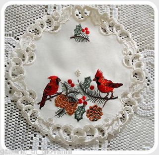 CHARMING CARDINALS Lace 7 Doily Christmas Winter Pine cone Holiday 