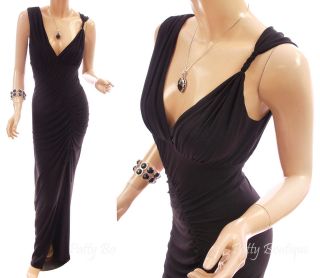 Glamorous Black V Neck Ruched Slit Front Cocktail Party Maxi Dress