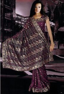 Saree Red Chiffon Indian Designer Bridal Wedding Embroidered Sari 