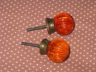 Vintage Knobs for Drawer Cabinet Hardware Amber Glass & Brass (2 